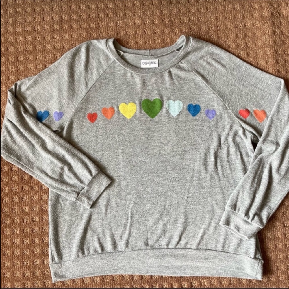 Lauren moshi Gray Sweater with Rainbow Heart Accents